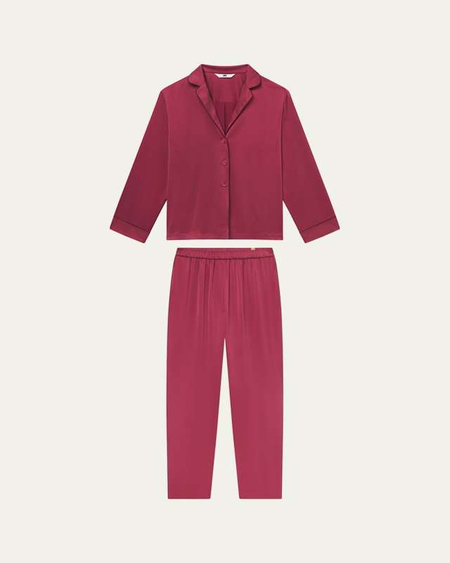 Piped Washable Silk Long-Sleeve Pajama Set